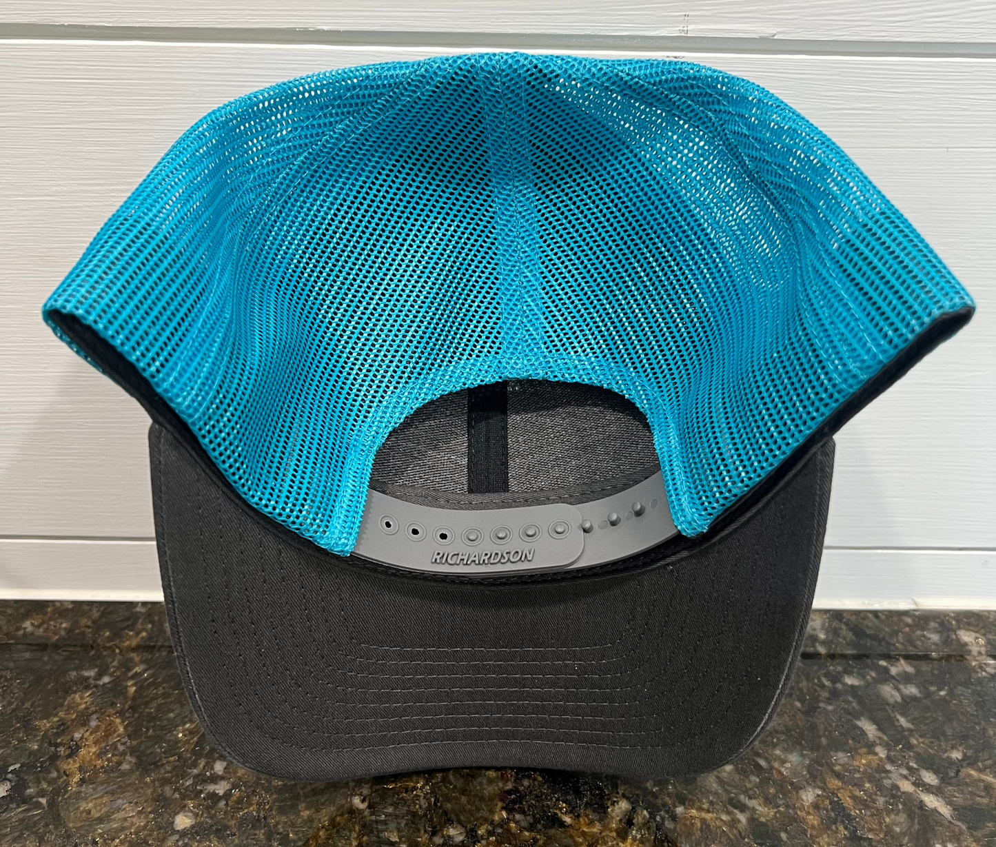 Charcoal/Neon Blue Hat with Buckskin Leather Logo