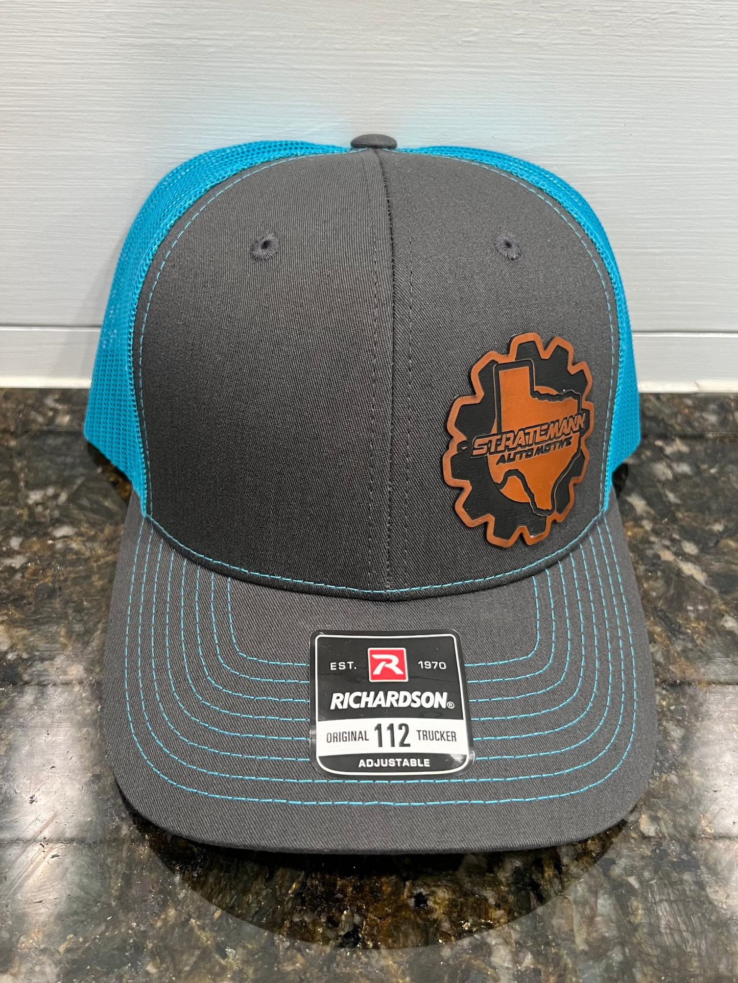 Charcoal/Neon Blue Hat with Buckskin Leather Logo