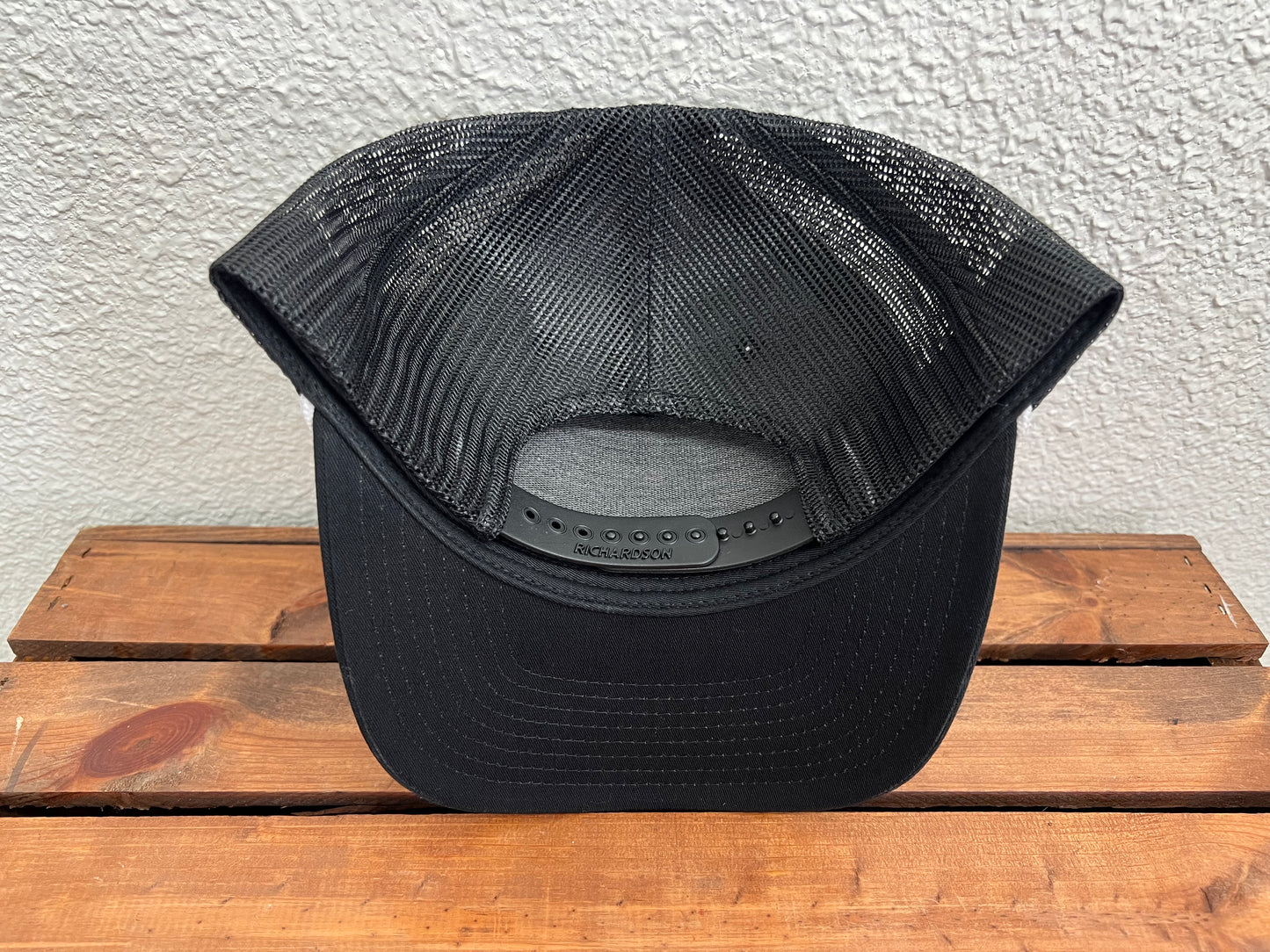 Black/Black Hat with White Leather Logo & White Rope