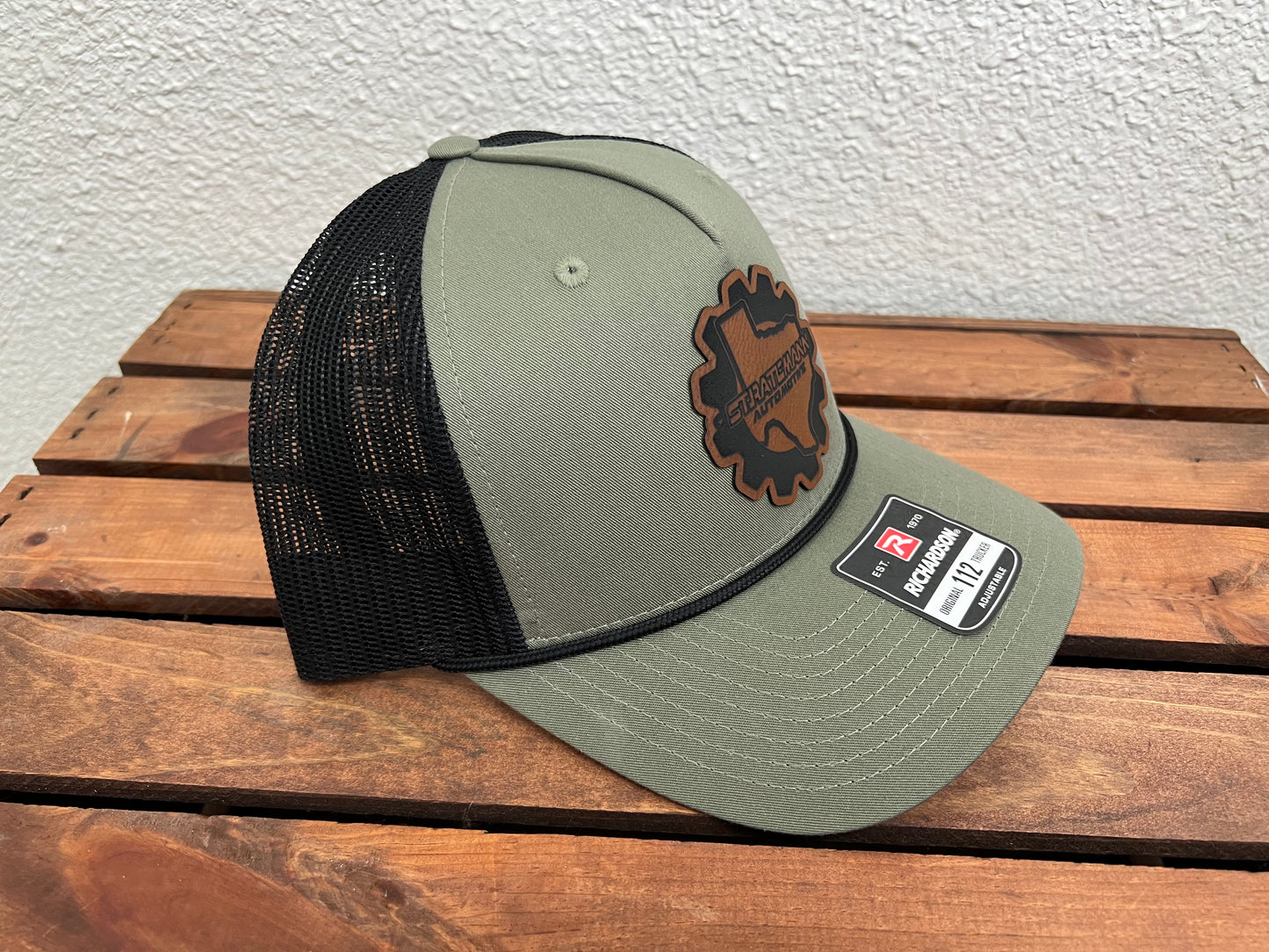 Loden Green/Black Hat with Vintage Brown Leather Logo & Black Rope