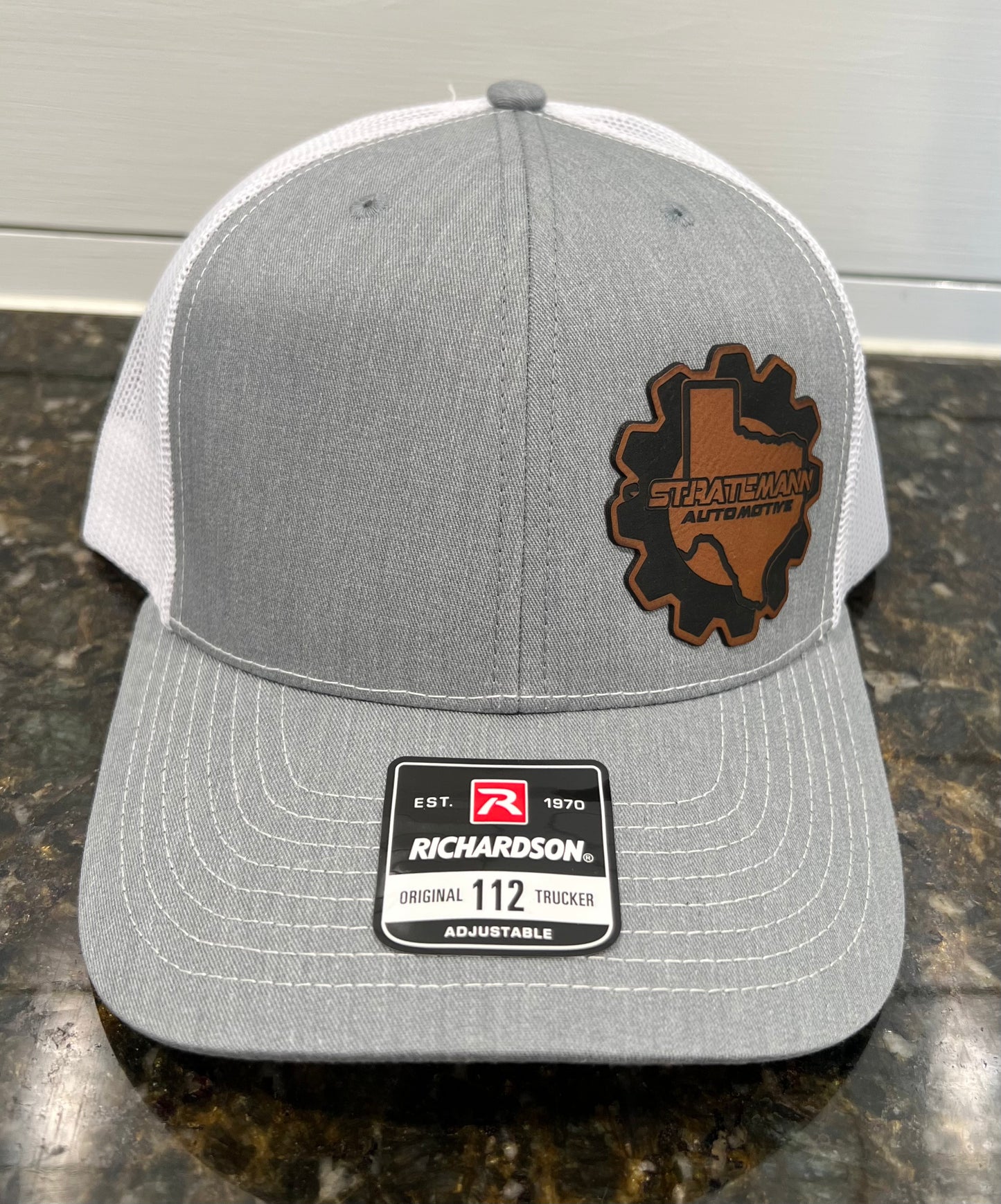 Heather Gray/White Hat with Brown Leather Logo