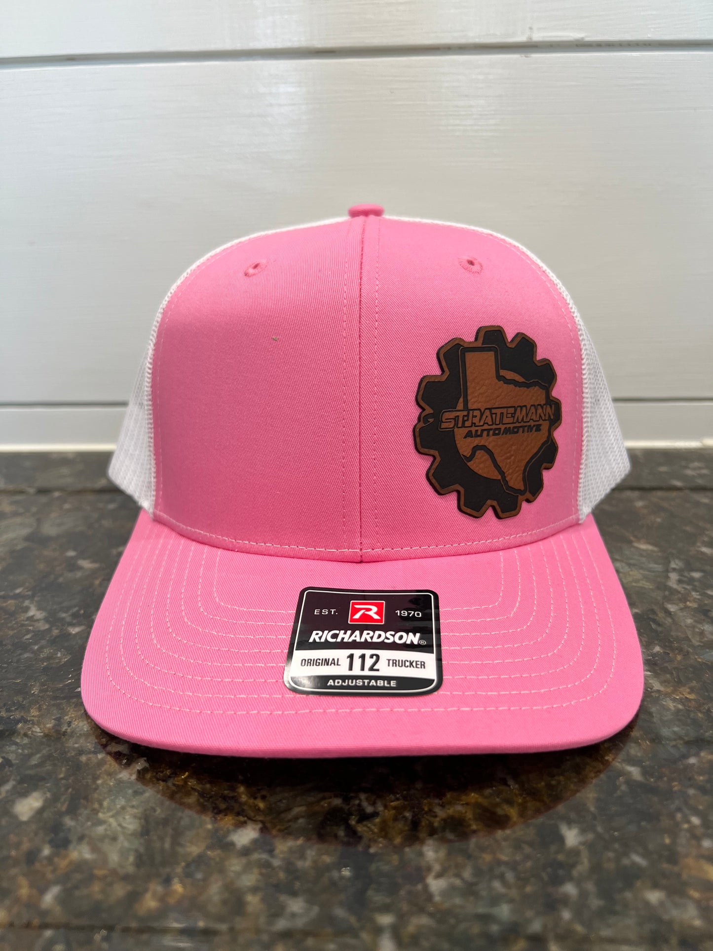 Pink/White Hat with Brown Leather Logo