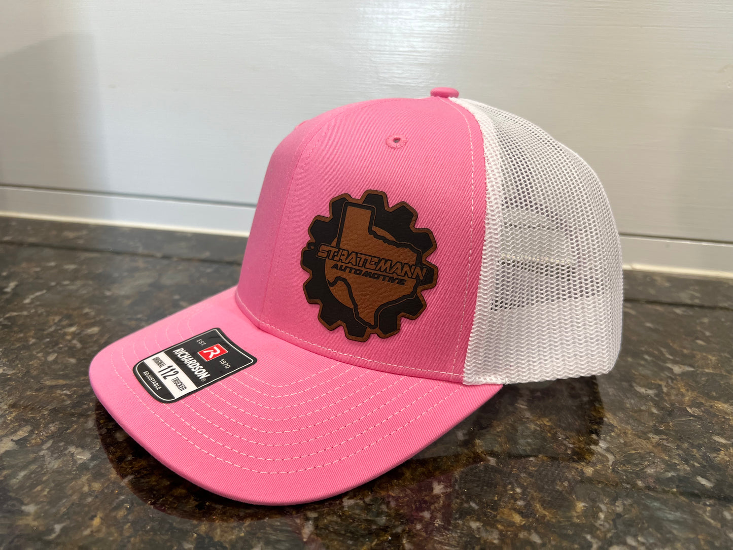 Pink/White Hat with Brown Leather Logo