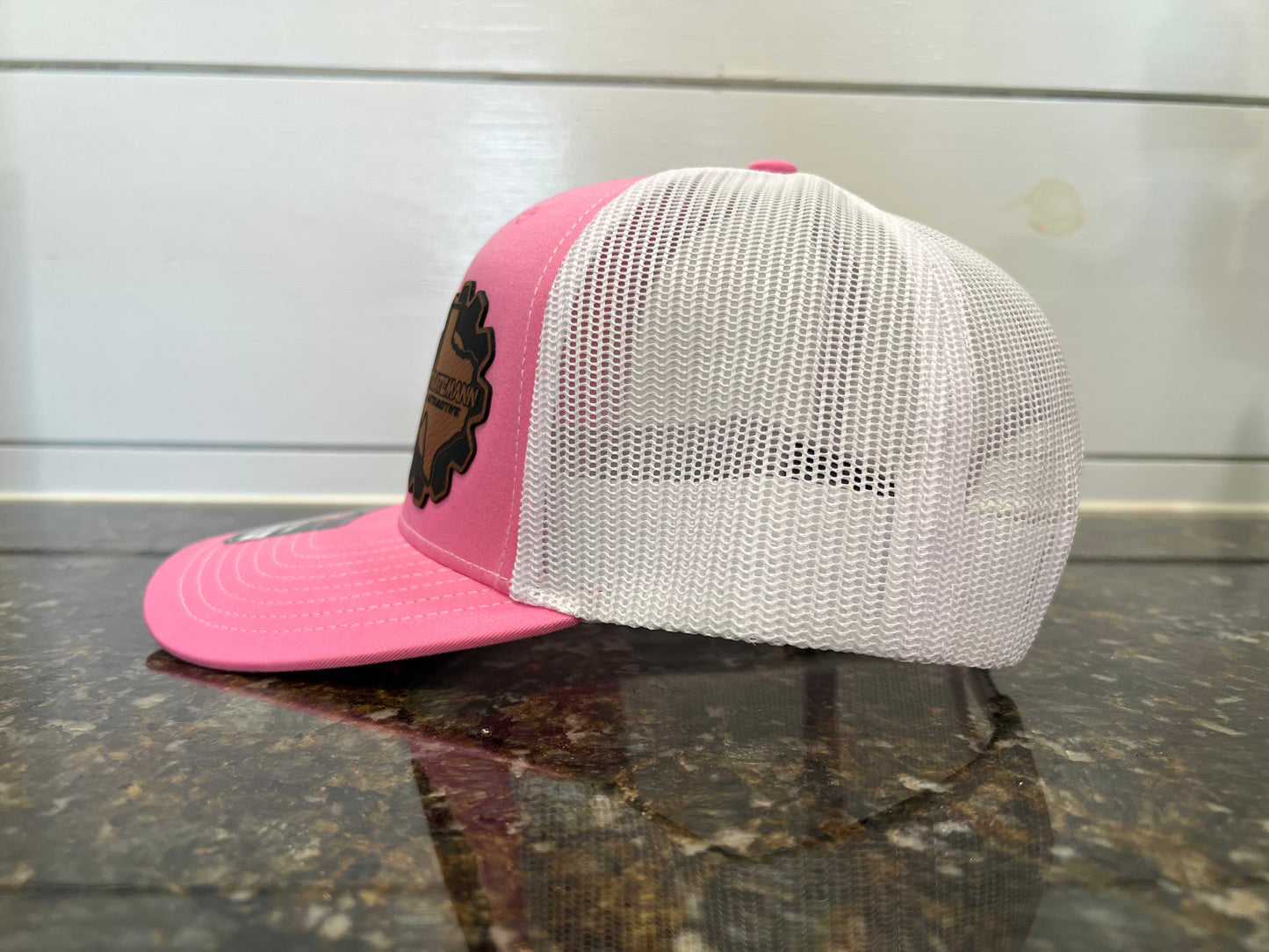 Pink/White Hat with Brown Leather Logo