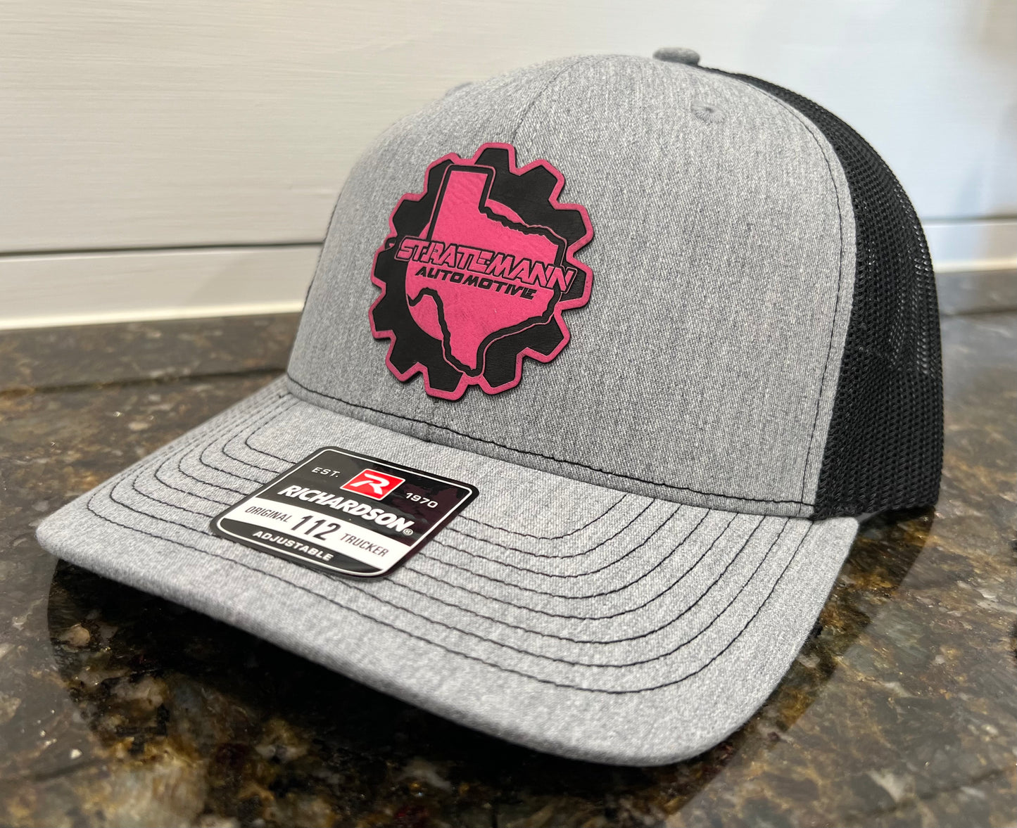Heather Gray/Black Hat with Pink Leather Logo