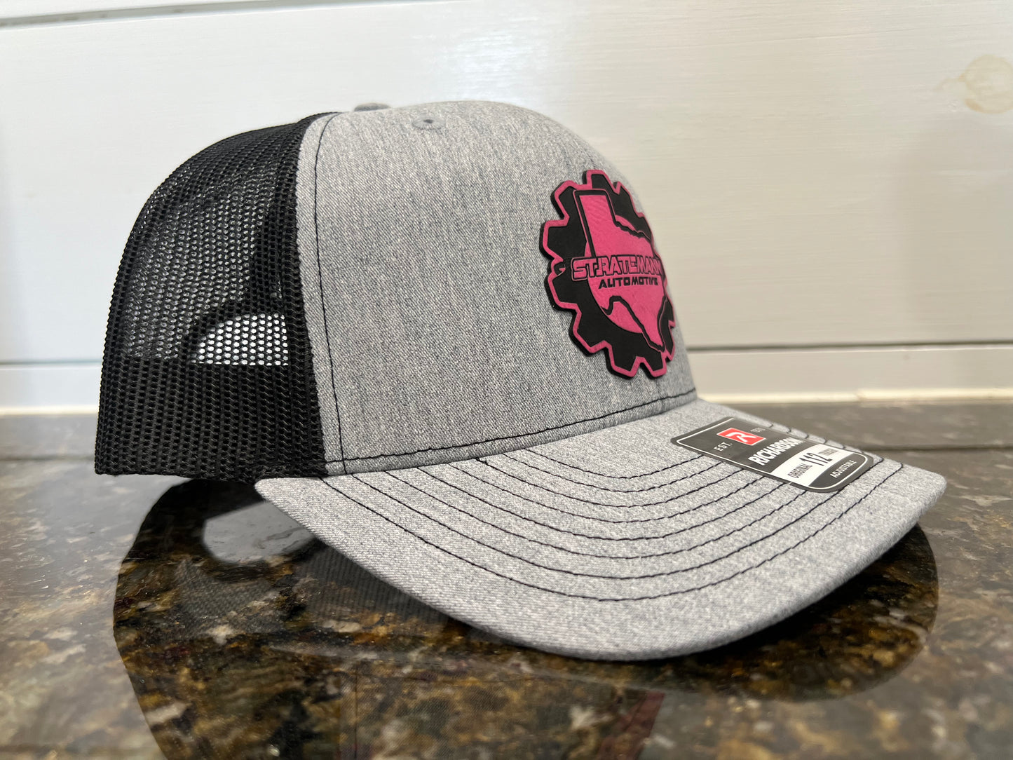 Heather Gray/Black Hat with Pink Leather Logo