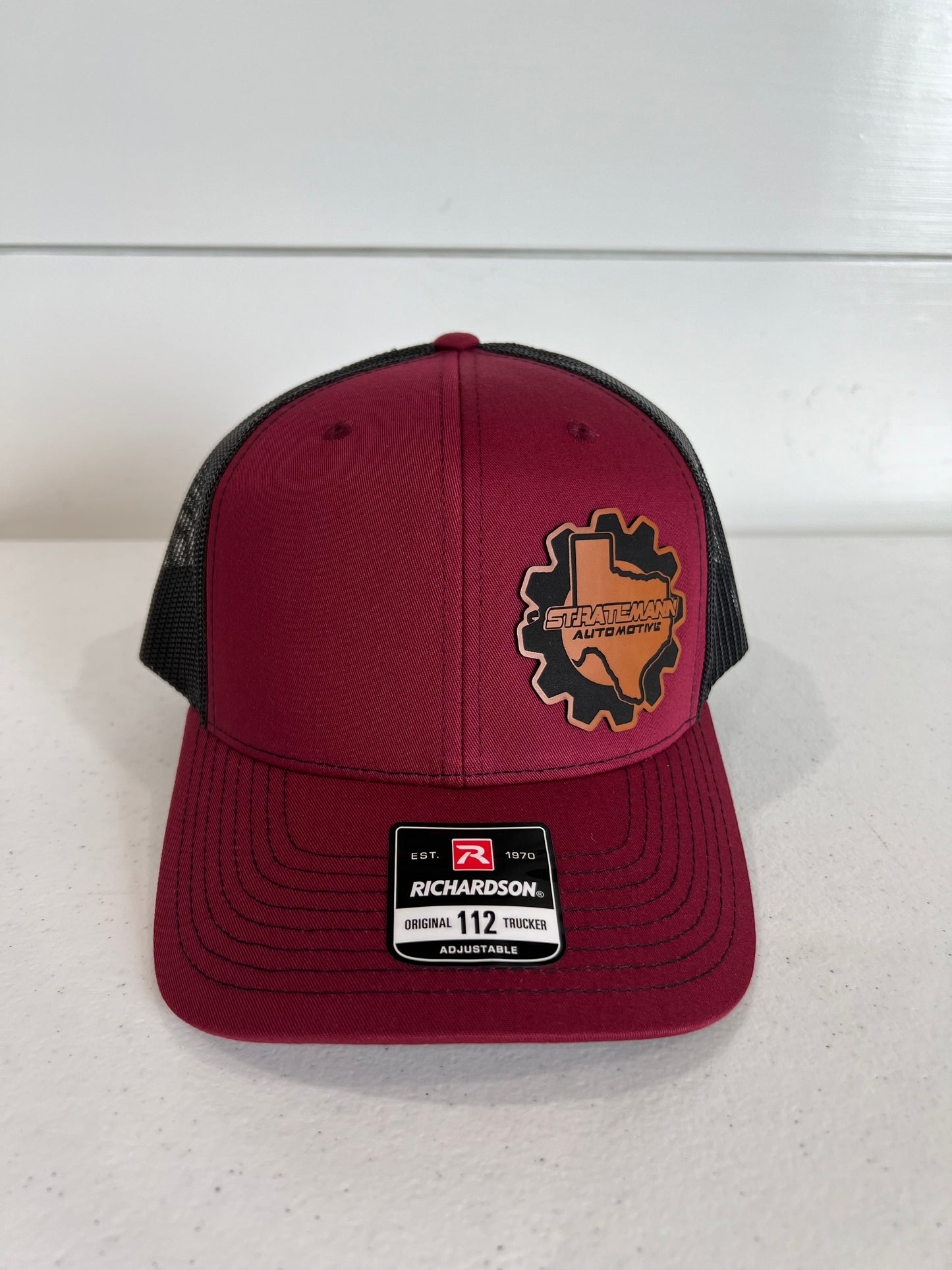 Cardinal/Black Hat with Buckskin Leather Logo