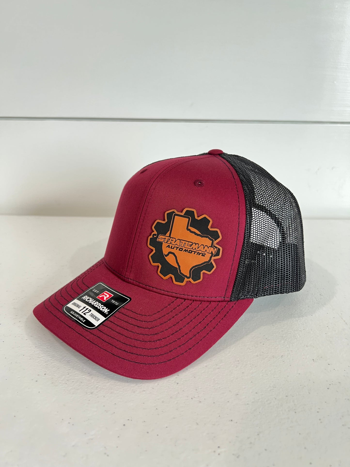 Cardinal/Black Hat with Buckskin Leather Logo