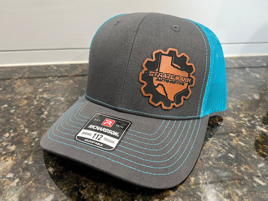 Charcoal/Neon Blue Hat with Buckskin Leather Logo