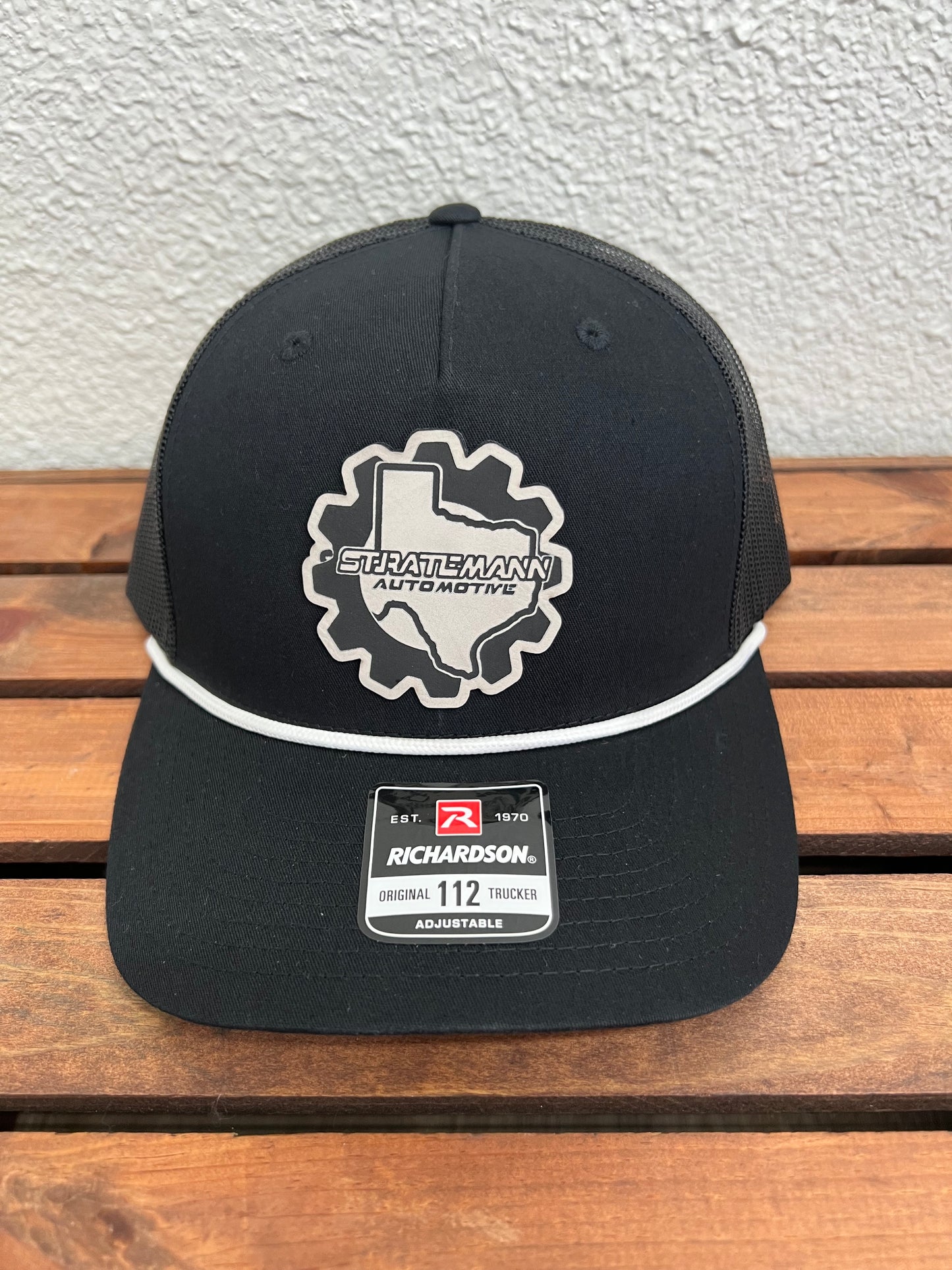 Black/Black Hat with White Leather Logo & White Rope