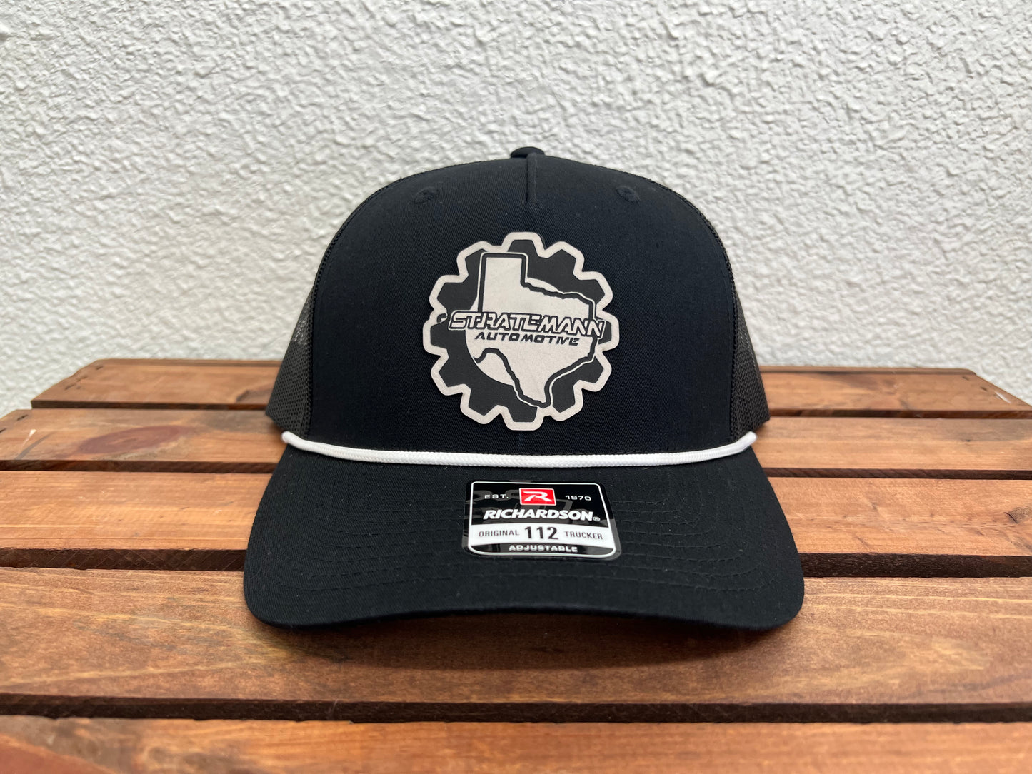 Black/Black Hat with White Leather Logo & White Rope