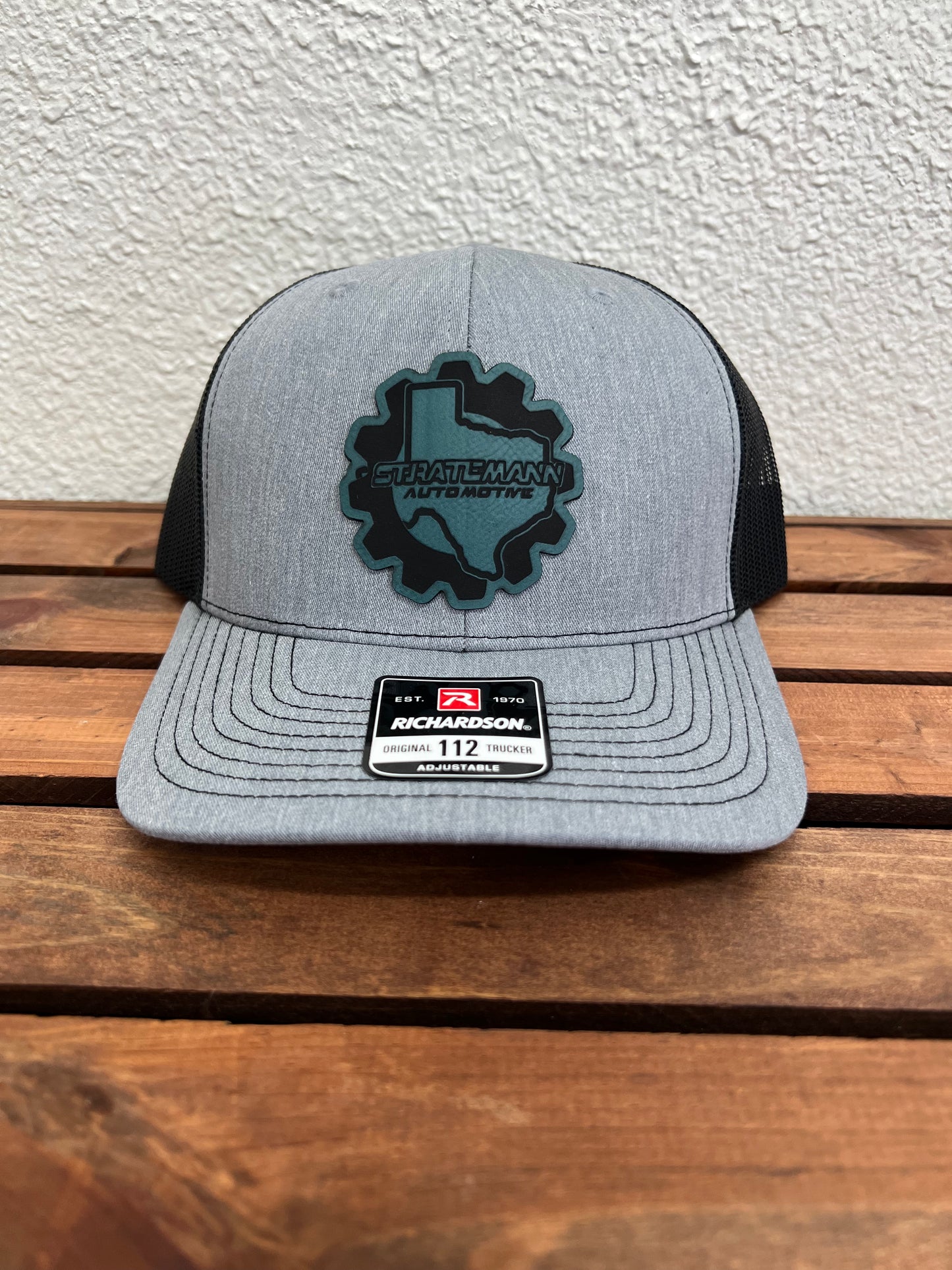Heather Gray/Black Hat with Blue Leather Logo