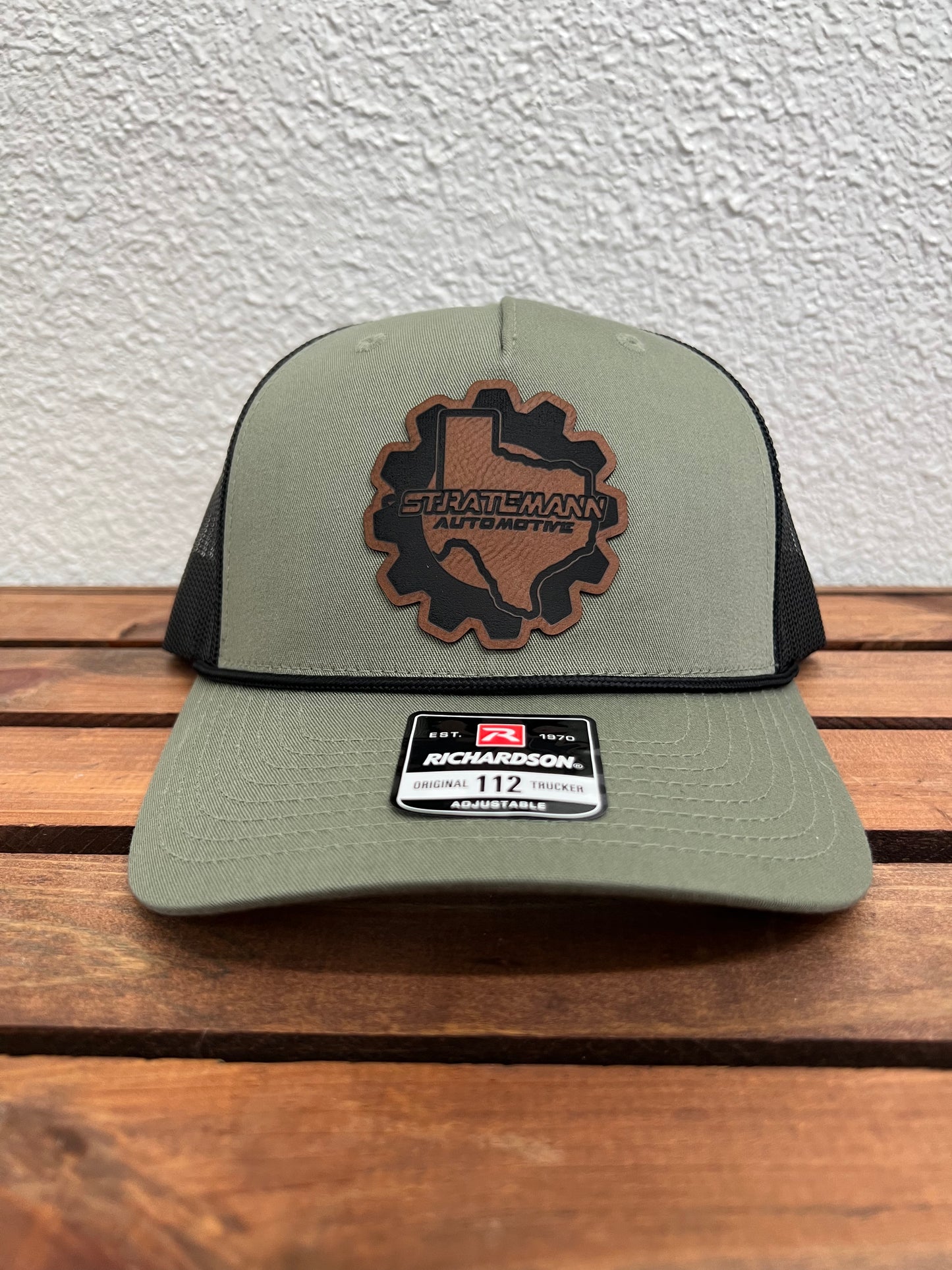 Loden Green/Black Hat with Vintage Brown Leather Logo & Black Rope