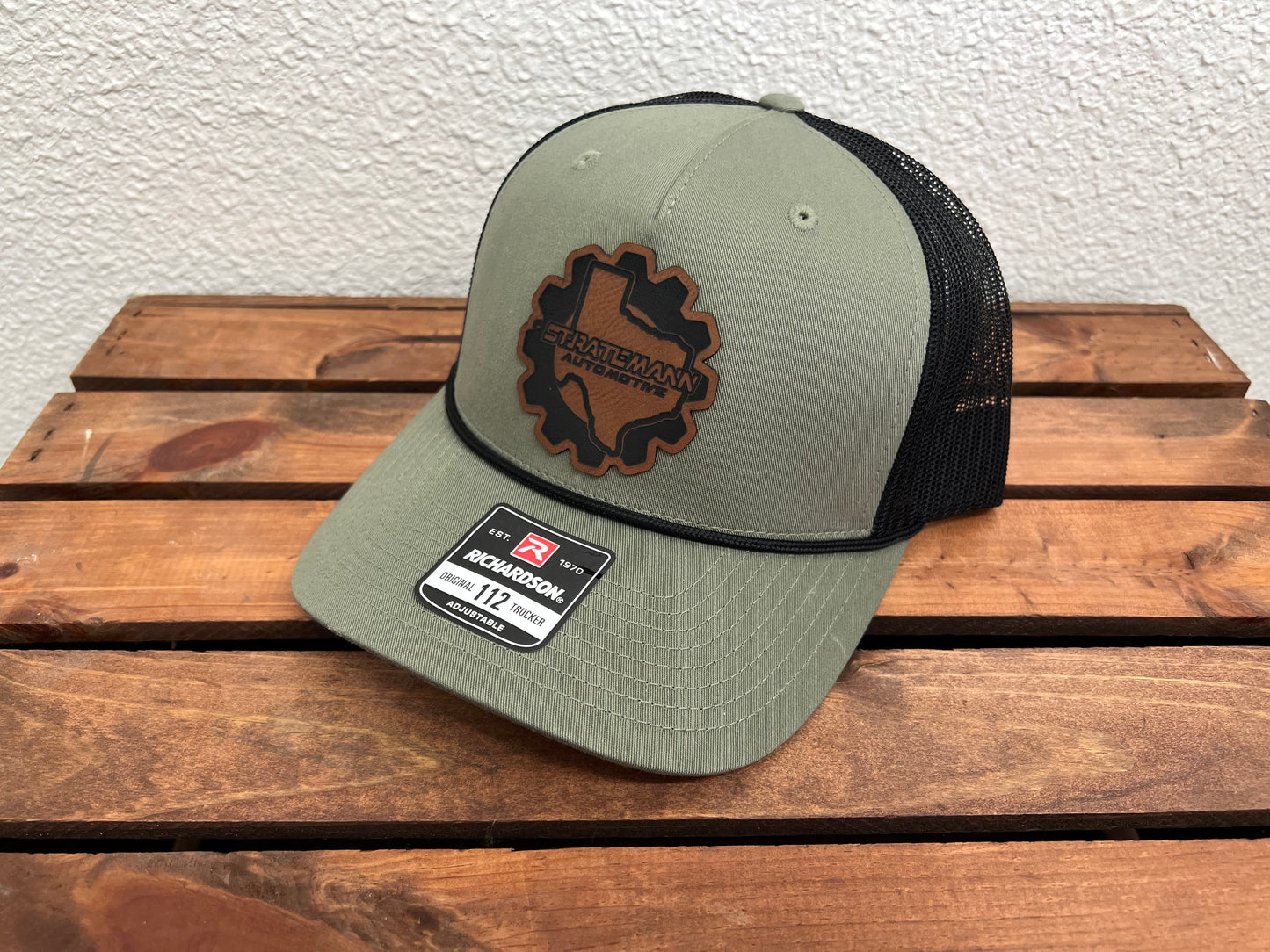 Loden Green/Black Hat with Vintage Brown Leather Logo & Black Rope