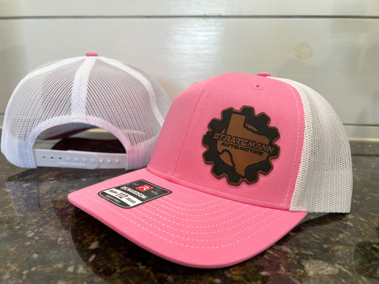 Pink/White Hat with Brown Leather Logo
