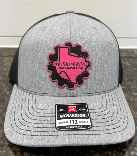 Heather Gray/Black Hat with Pink Leather Logo