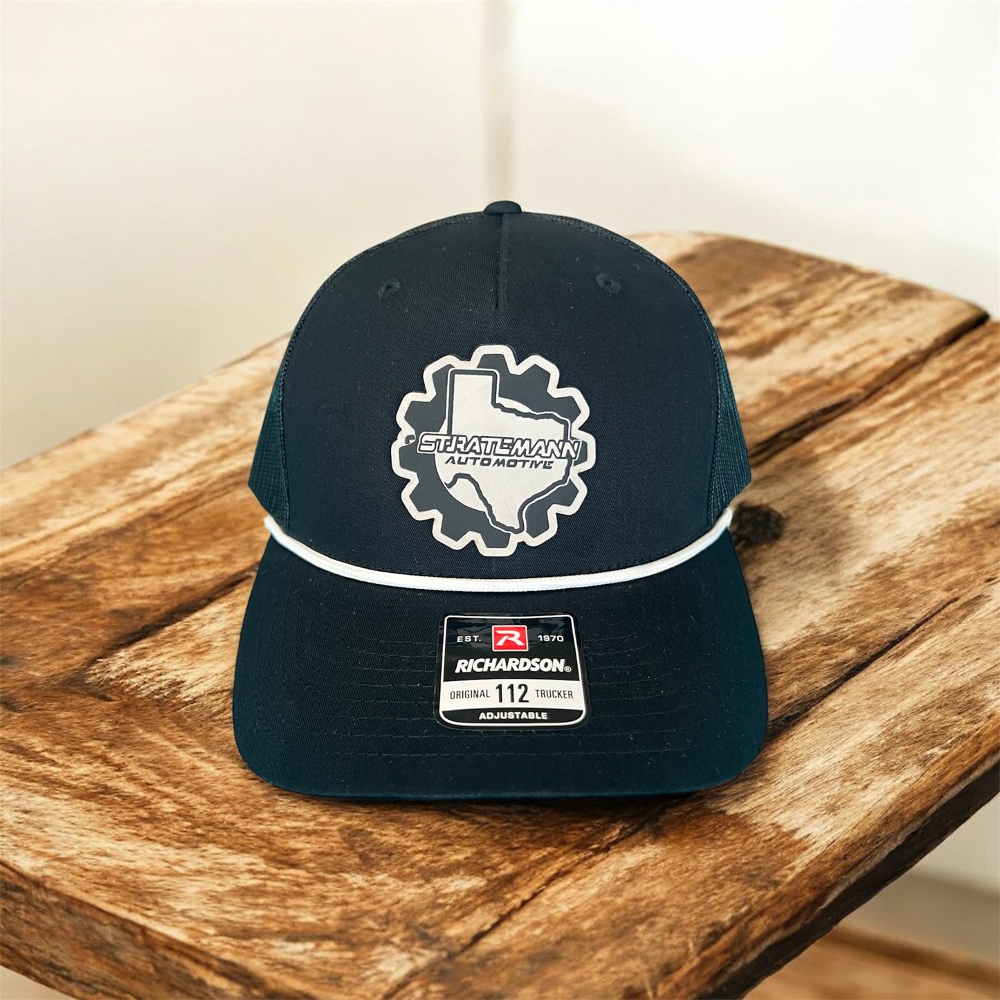 Black/Black Hat with White Leather Logo & White Rope